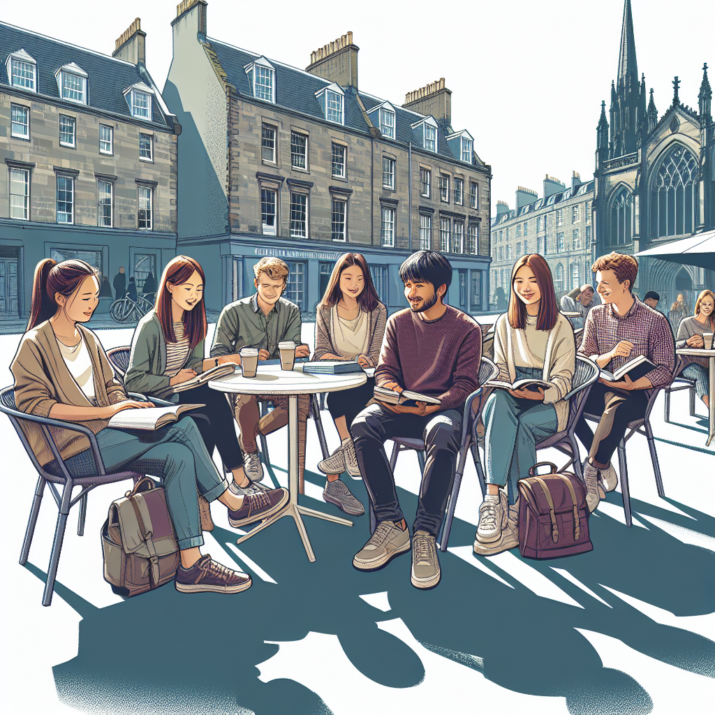 En gruppe studenter i Edinburgh som studerer utendørs ved en kafé, med historiske bygninger i bakgrunnen, naturlig lys og et moderne, vennlig uttrykk